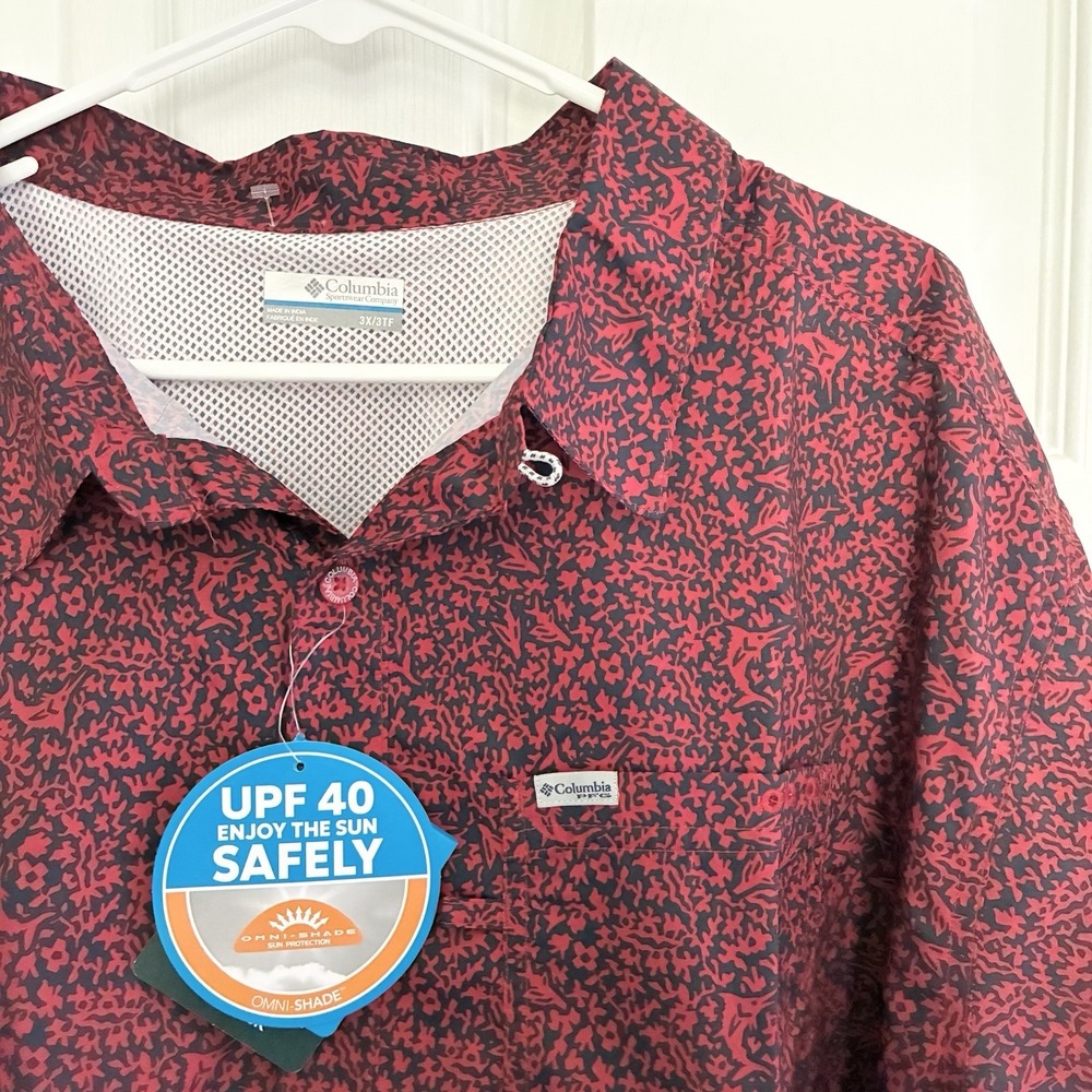 NWT Columbia PFG Fishing Super Slack Tide Camp Button Up Shirt Red Blue Mens 3X